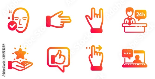 Reception desk, Click hand and Loyalty program line icons set. Like, Touchscreen gesture and Health skin signs. Horns hand, Friends chat symbols. Hotel service, Direction finger. People set. Vector