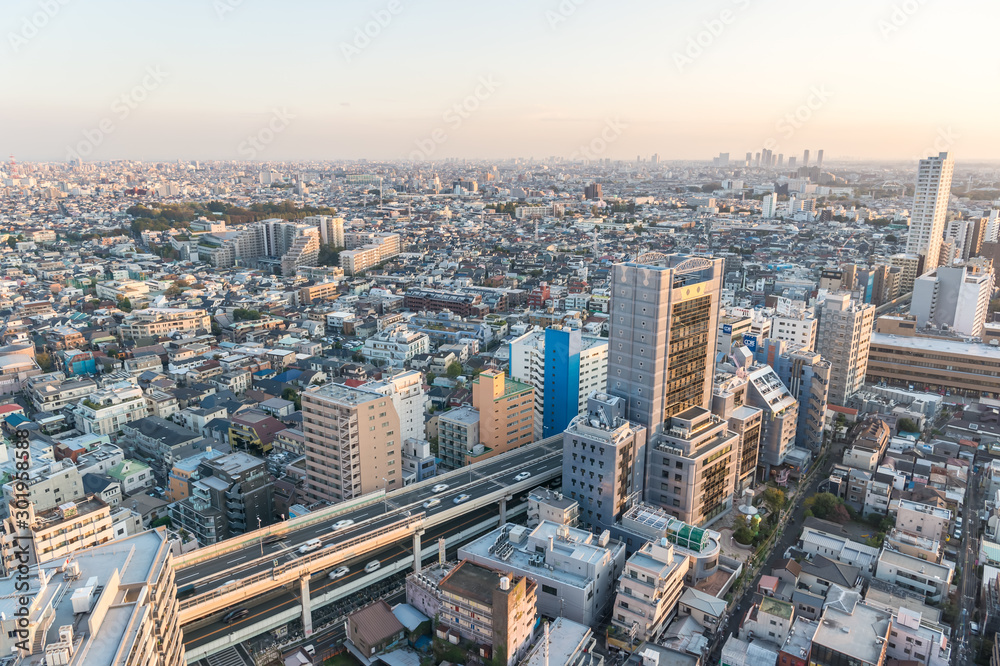 Naklejka premium 東京都世田谷区三軒茶屋から見る東京の夕景