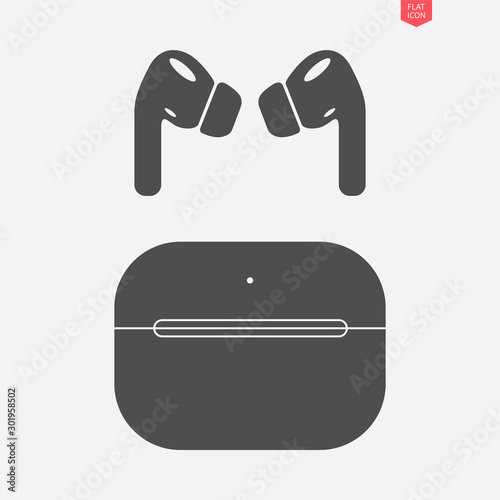 glyph icon of the new model of wireless headphones with charging case in the flat style isolated on grey background. stock vector illustration