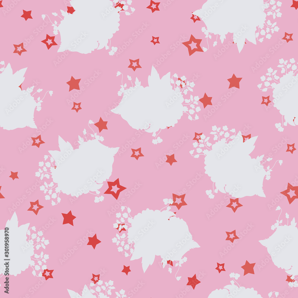 Vector Comics Roses with Stars on Pink seamless pattern background.