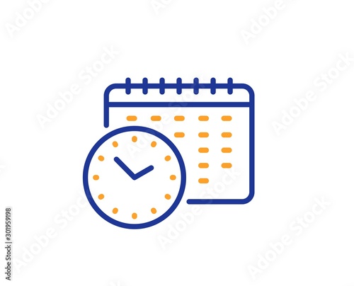 Clock sign. Calendar time line icon. Watch symbol. Colorful outline concept. Blue and orange thin line calendar time icon. Vector