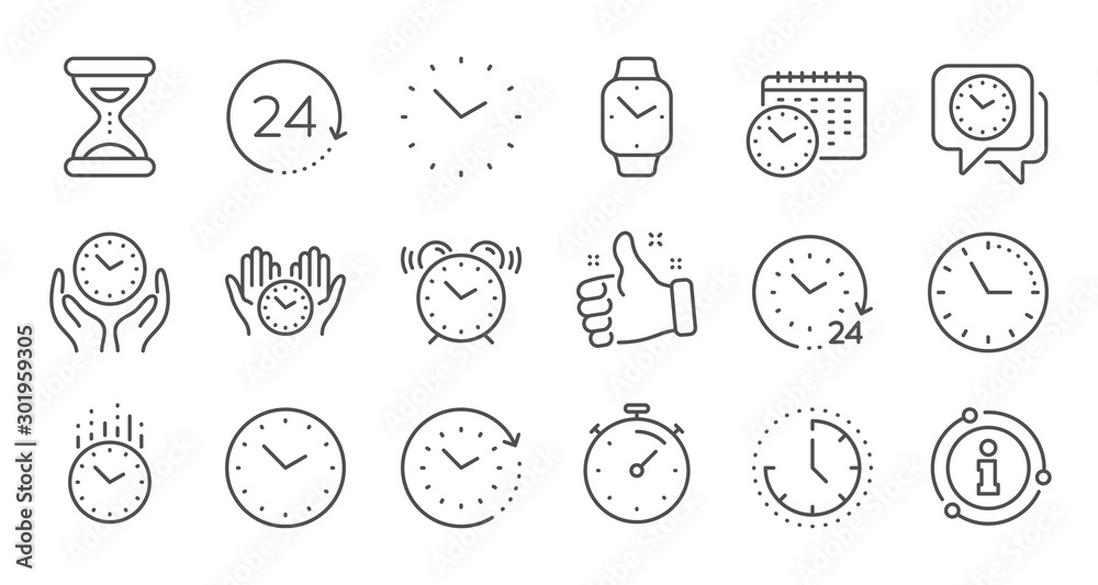 Time and clock line icons. Timer, Alarm and Smartwatch. Time management, 24 hour clock, deadline alarm icons. Sand hourglass, smartwatch, timer stopwatch. Linear set. Quality line set. Vector