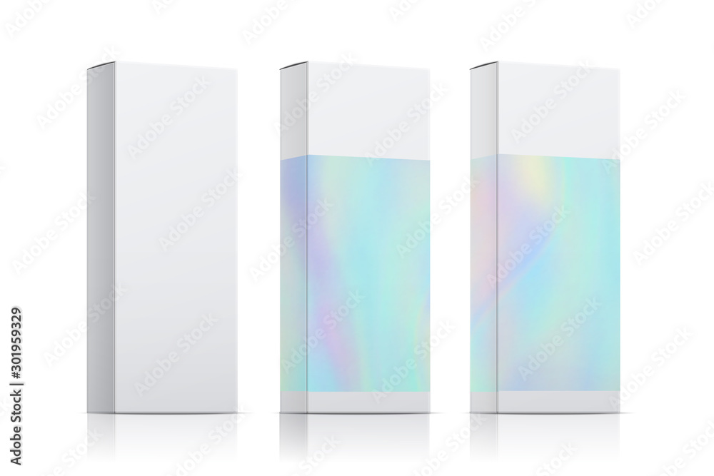 Packaging template vector set with holographic effect. Realistic box packing isolated on white background. Illustration box block gradient, package template with hologram Packaging template vector set with holographic effect. Realistic box packing isolated on white background. Illustration box block gradient, package template with hologram