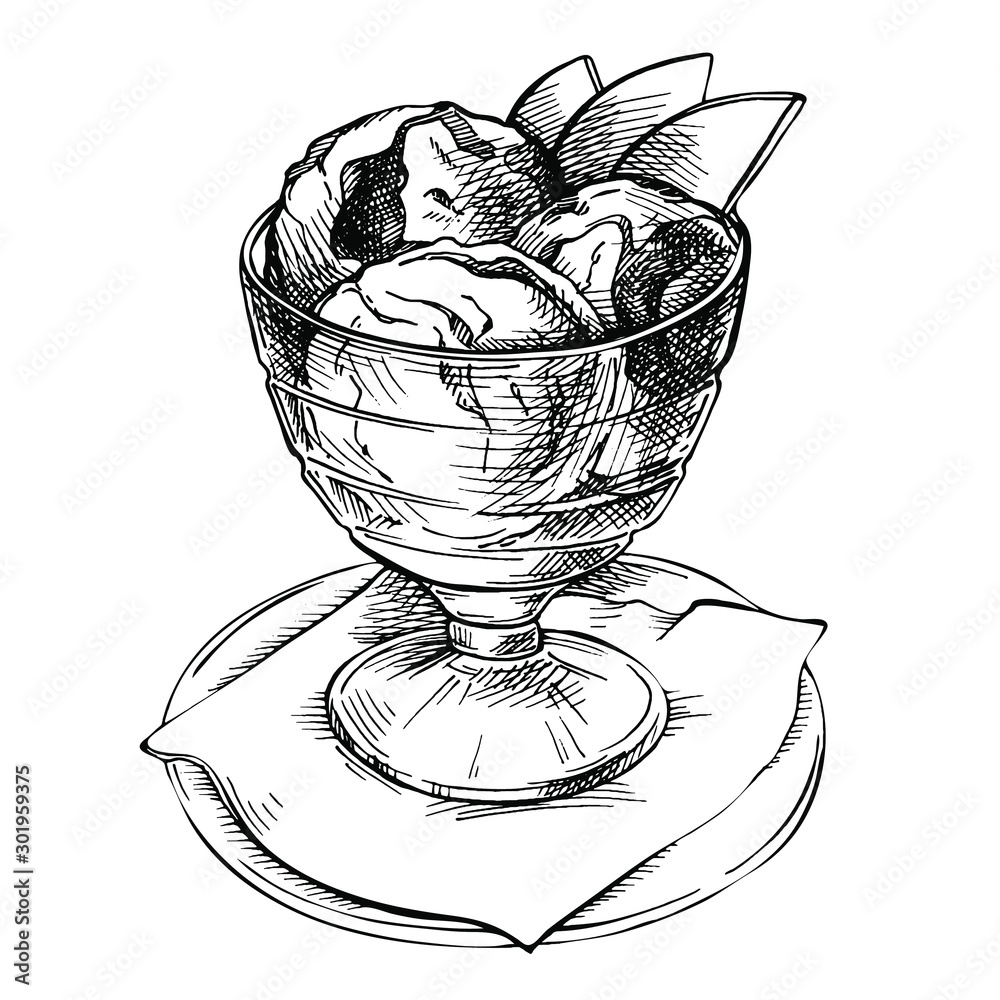 Sketch line art ice cream balls in glasse bowl. Hand drawn fast food