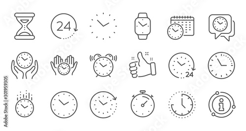 Time and clock line icons. Timer, Alarm and Smartwatch. Time management, 24 hour clock, deadline alarm icons. Sand hourglass, smartwatch, timer stopwatch. Linear set. Quality line set. Vector