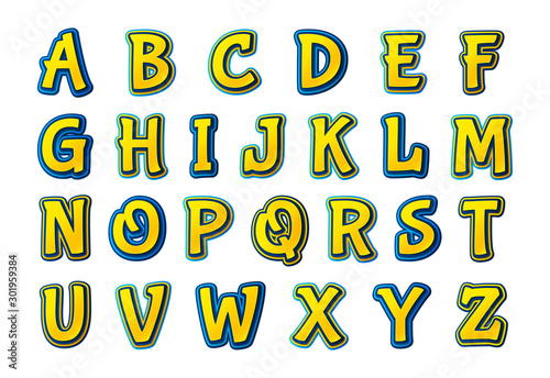 Comic font. Cartoonish multilayer alphabet