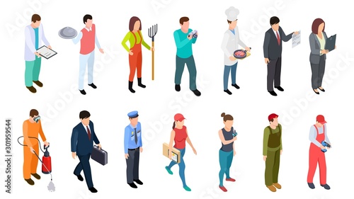 Different professions. Isometric professionals vector collection. 3D people doctor policeman businessman builder military waiter cook. Professional isometric character collection, job illustration
