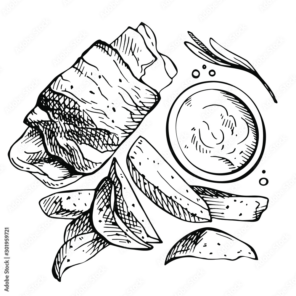 Hand drawn french fries with sauce and meat. Sketch Chicken wrapped in bacon. Chicken chunks rolled up with bacon Hand drawn french fries with sauce and meat. Sketch Chicken wrapped in bacon. Chicken chunks rolled up with bacon