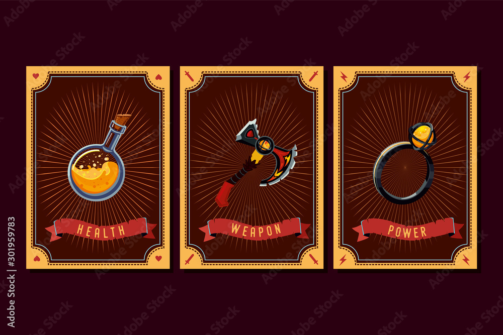 Fototapeta Game asset pack. Fantasy card with magic items. User interface design elements with decorative frame. Cartoon vector illustration.
