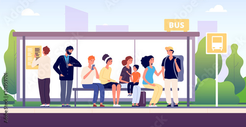 People at bus stop. City community transport, passengers waiting the buses standing together, urban public traffic cartoon vector concept. Illustration city bus stop for urban transport