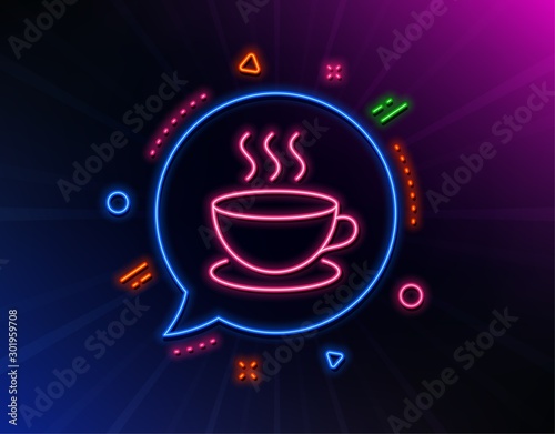 Coffee drink line icon. Neon laser lights. Hot cup sign. Fresh beverage symbol. Glow laser speech bubble. Neon lights chat bubble. Banner badge with cappuccino icon. Vector