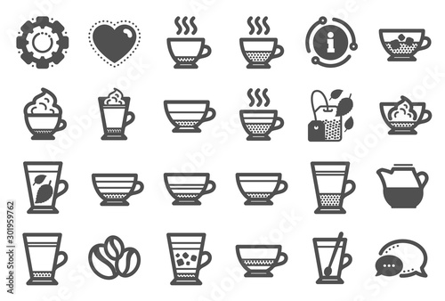 Coffee types and Tea icons. Set of Latte, Frappe and Cappuccino icons. Espresso, Doppio and Cafe Crema. Americano, Whipped cream latte and Coffee with ice. Mocha cafe, Herbal, Mint tea cups. Vector