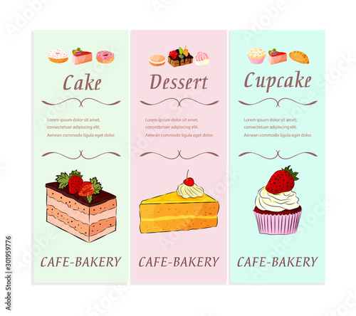 Bakery and pastry shop desserts banner set with text. Fresh sweet foods cupcakes and other baking products.