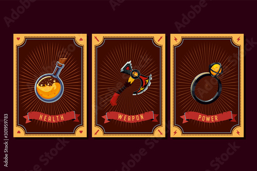 Game asset pack. Fantasy card with magic items. User interface design elements with decorative frame. Cartoon vector illustration.