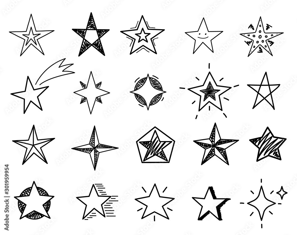 Hand drawn stars. Sketch star shapes, black starburst doodle signs for ...