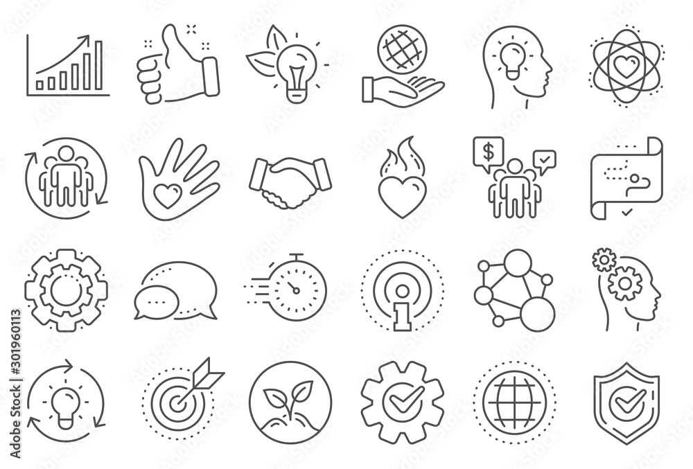 Core values line icons. Integrity, Target purpose and Strategy. Trust handshake, social responsibility, commitment goal icons. Growth chart, innovation, core values network. Line signs set. Vector