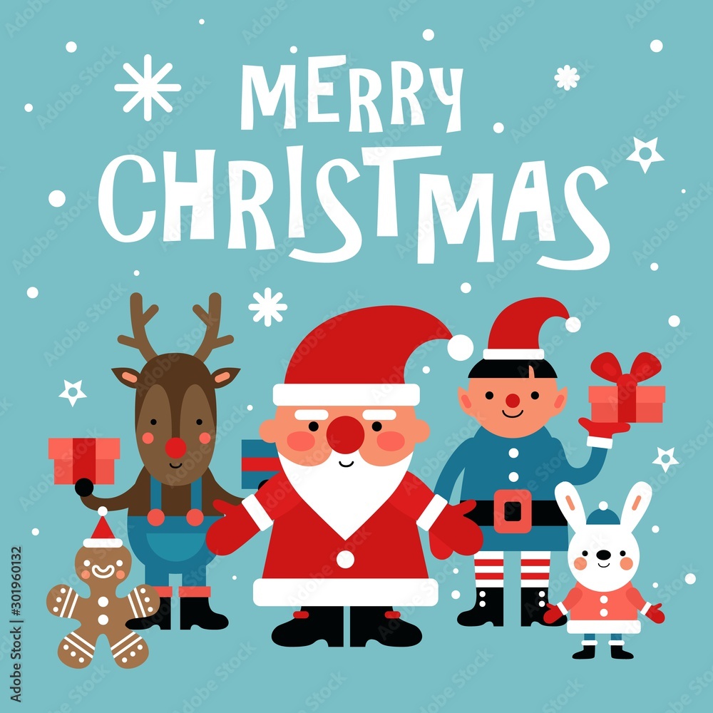 Christmas characters background. Santa, gingerbread Man and white rabbit and elf, deer with gift. 2020 new year party vector card. Illustration santa claus, deer and rabbit, christmas gift celebration Christmas characters background. Santa, gingerbread Man and white rabbit and elf, deer with gift. 2020 new year party vector card. Illustration santa claus, deer and rabbit, christmas gift celebration