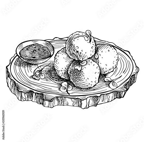 Sketch Fried mozzarella cheese balls on wooden board. Hand drawn cheese.  Italian Cuisine. Vector illustration.