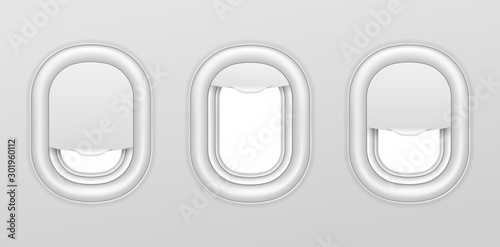 Airplane windows. Aircraft interior with transparent portholes. Realistic airplanes illuminators vector isolated set. Aircraft flight, travel and trip, aviation airplane, porthole window illustration