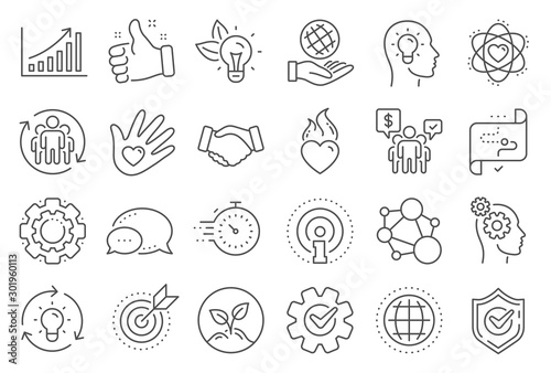 Core values line icons. Integrity, Target purpose and Strategy. Trust handshake, social responsibility, commitment goal icons. Growth chart, innovation, core values network. Line signs set. Vector