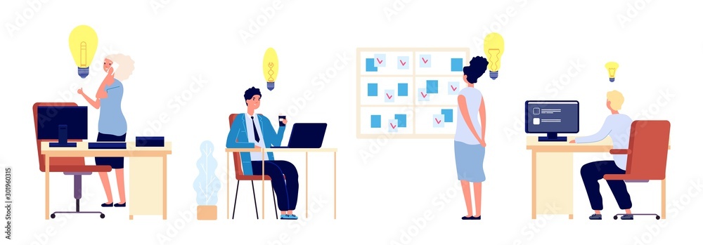 New ideas. Business people have great ideas. Flat male female thinking about business process. Vector people characters at workplace. Illustration business female and male, businesswoman businessman New ideas. Business people have great ideas. Flat male female thinking about business process. Vector people characters at workplace. Illustration business female and male, businesswoman businessman