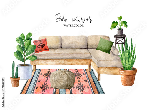 Cozy room interior with sofa, carpet, home plants in pots, ottoman, pillows, whatnot. Composition in hygge style. Scandinavian interior. Boho lifestyle. Isolated watercolor illustration. photo