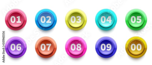3D numbers bullet point. Circle buttons with numbers vector set. Colorful 3d buttons icons. Illustration of marker 3d button, point number circular