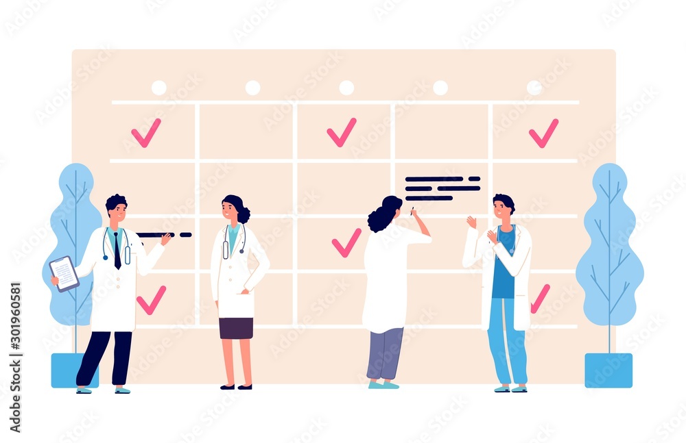 Medical schedule. Doctors work schedule vector illustration. Clinic team, agenda, hospital staff characters. Medical doctor appointment, medicine schedule service