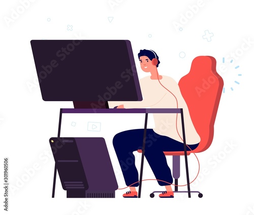 Game addiction. Vector gamer character isolated on white background. Man plays computer games. Illustration gamer addiction, entertainment gaming male and female