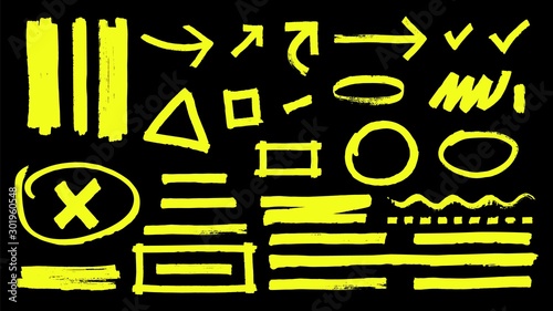 Highlighter marks. Hand drawn yellow highlight marker signs. Vector highlighter strokes arrows rounds isolated on black background. Handwritten highlighter and scribble underline illustration