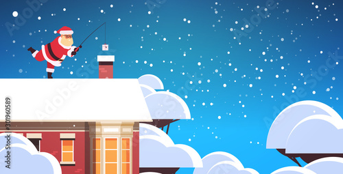 santa claus on roof near chimney using fishing rod merry christmas happy new year holiday concept winter snowfall background greeting card full length horizontal vector illustration