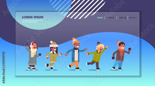 children skating on ice rink winter sport activity recreation at holidays concept mix race girls and boys spending time together full length copy space horizontal vector illustration