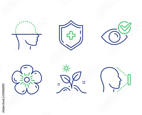 Grow plant, Natural linen and Medical shield line icons set. Face scanning, Check eye and Face id signs. Leaves, Organic tested, Medicine protection. Faces detection. Healthcare set. Vector