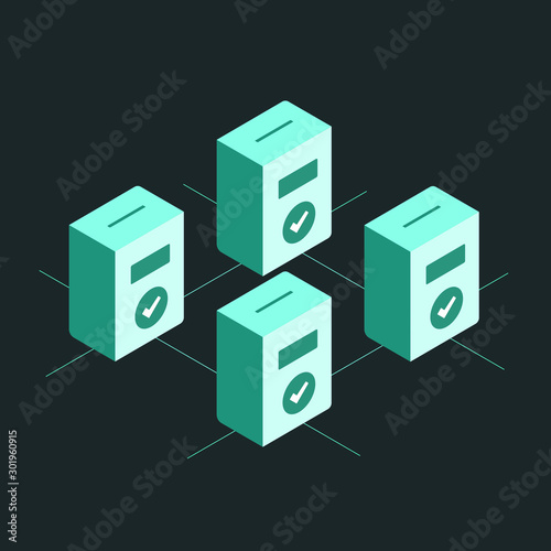Online voting with Blockchain techmology. Digital transaction in secure online chain with election balloting boxes. Vector illustration concept isolated on dark background
