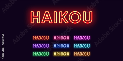 Neon Haikou name, City in China. Neon text of Haikou city. Vector set of glowing Headlines