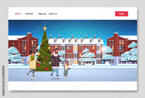 family at ice-skating rink merry christmas new year winter holidays concept parents and child spending time together cityscape background full length flat horizontal vector illustration
