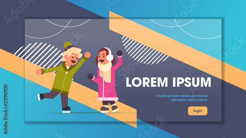 children couple skating on ice rink winter sport activity recreation at holidays concept little girl and boy spending time together full length horizontal copy space vector illustration