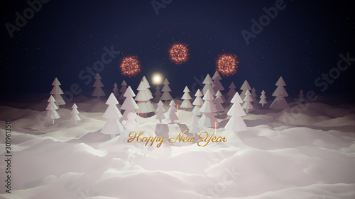 Christmas card or blank for Christmas composition with a snowy Christmas tree forest, winter night with moon light and golden Christmas inscription with fireworks. 3d render