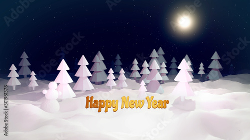 Christmas card or blank for Christmas composition with a snowy Christmas tree forest, winter night with moon light and golden Christmas inscription. 3d render
