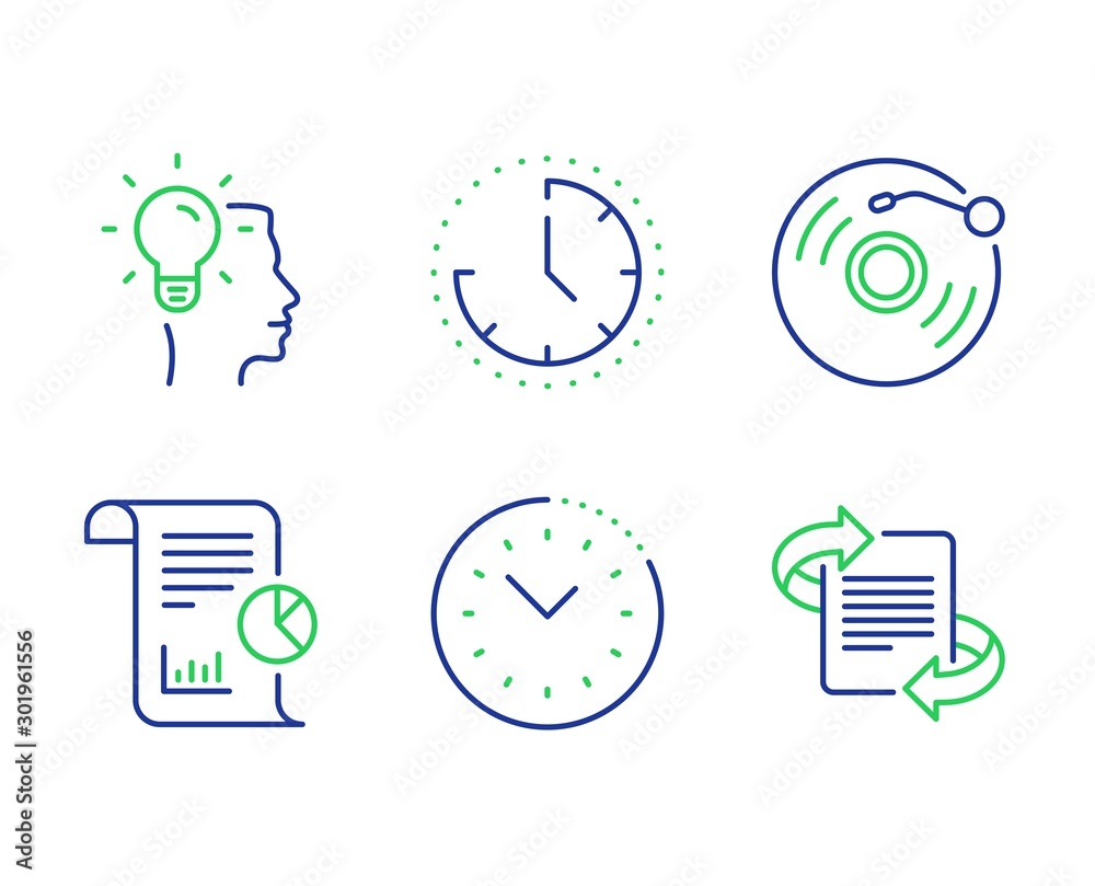 Fototapeta premium Report, Time and Vinyl record line icons set. Idea, Time management and Marketing signs. Work analysis, Clock, Retro music. Professional job. Education set. Line report outline icons. Vector