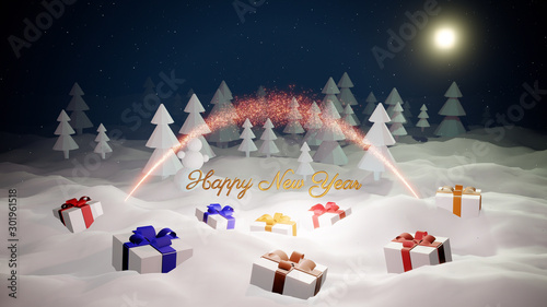 Christmas card or blank for Christmas composition with a snowy Christmas tree forest, winter night with moon light, christmas gifts and golden Christmas inscription with fireworks. 3d render