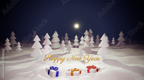 Christmas card or blank for Christmas composition with a snowy Christmas tree forest, winter night with moon light, christmas gifts and golden Christmas inscription. 3d render