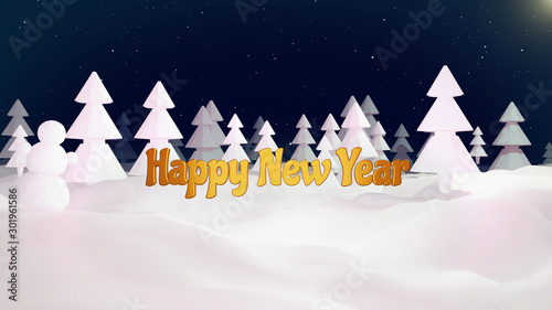Christmas card or blank for Christmas composition with a snowy Christmas tree forest, winter night with moon light and golden Christmas inscription. 3d render