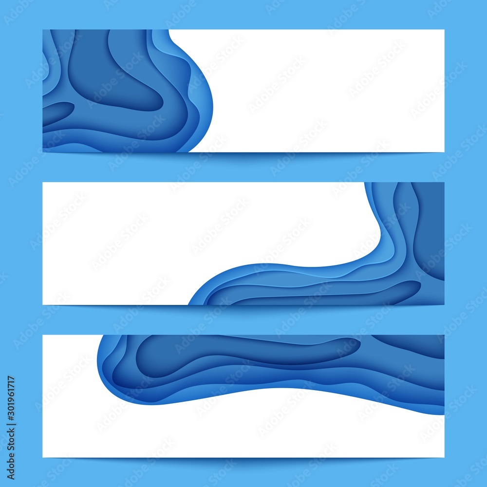Three abstract horizontal flyer collection in cut paper style. Set of cutout blue sea wave template for for save the Earth posters, World Water Day, eco brochures. Vector water applique illustration