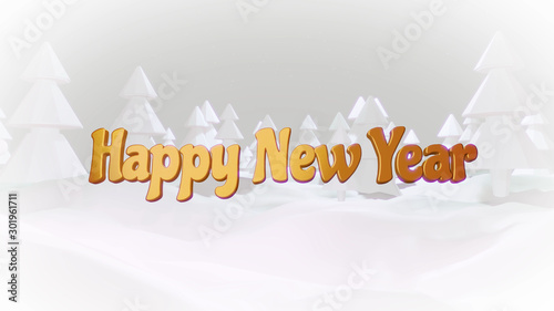 Christmas card or blank for Christmas composition with a snowy Christmas tree forest, winter night with moon light and golden Christmas inscription. 3d render