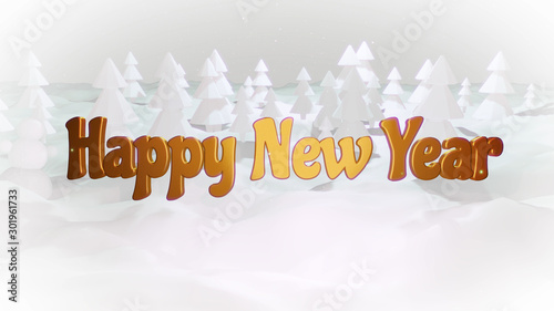 Christmas card or blank for Christmas composition with a snowy Christmas tree forest, winter night with moon light and golden Christmas inscription. 3d render