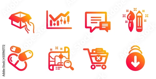 Comment, Financial diagram and Hold box line icons set. Search map, Creativity and Remove purchase signs. Capsule pill, Scroll down symbols. Talk bubbles, Candlestick chart. Business set. Vector