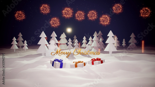Christmas card or blank for Christmas composition with a snowy Christmas tree forest, winter night with moon light, christmas gifts and golden Christmas inscription with fireworks. 3d render