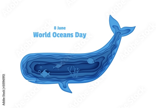 Silhouette of a sperm whale cut out of paper. Papercut style butterflyfish, jellyfish, moonfish, turtle. Craft underwater ocean cave with fishes, coral reef seabed alga Vector World Ocean Day concept.