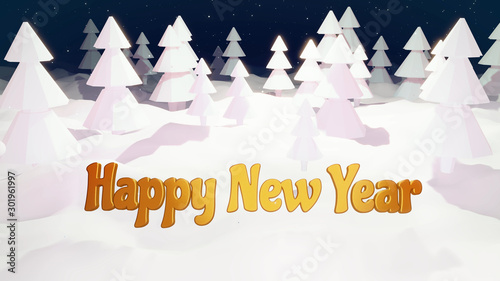 Christmas card or blank for Christmas composition with a snowy Christmas tree forest, winter night with moon light and golden Christmas inscription. 3d render